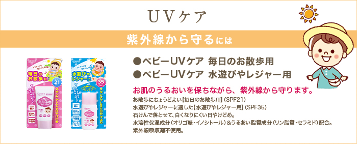 紫外線から守るにはUVケア。ベビーUVケア 毎日のお散歩用(yòng)・ベビーUVケア 水遊びやレジャー用(yòng)